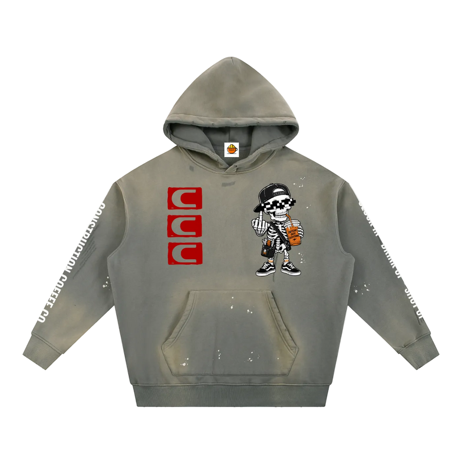Gray hoodie with cartoon character and brand logos on a white background