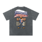 Gray t-shirt with a graphic design of a man lifting weights, 'Foundation of Freedom' text, and American flag on a white background.
