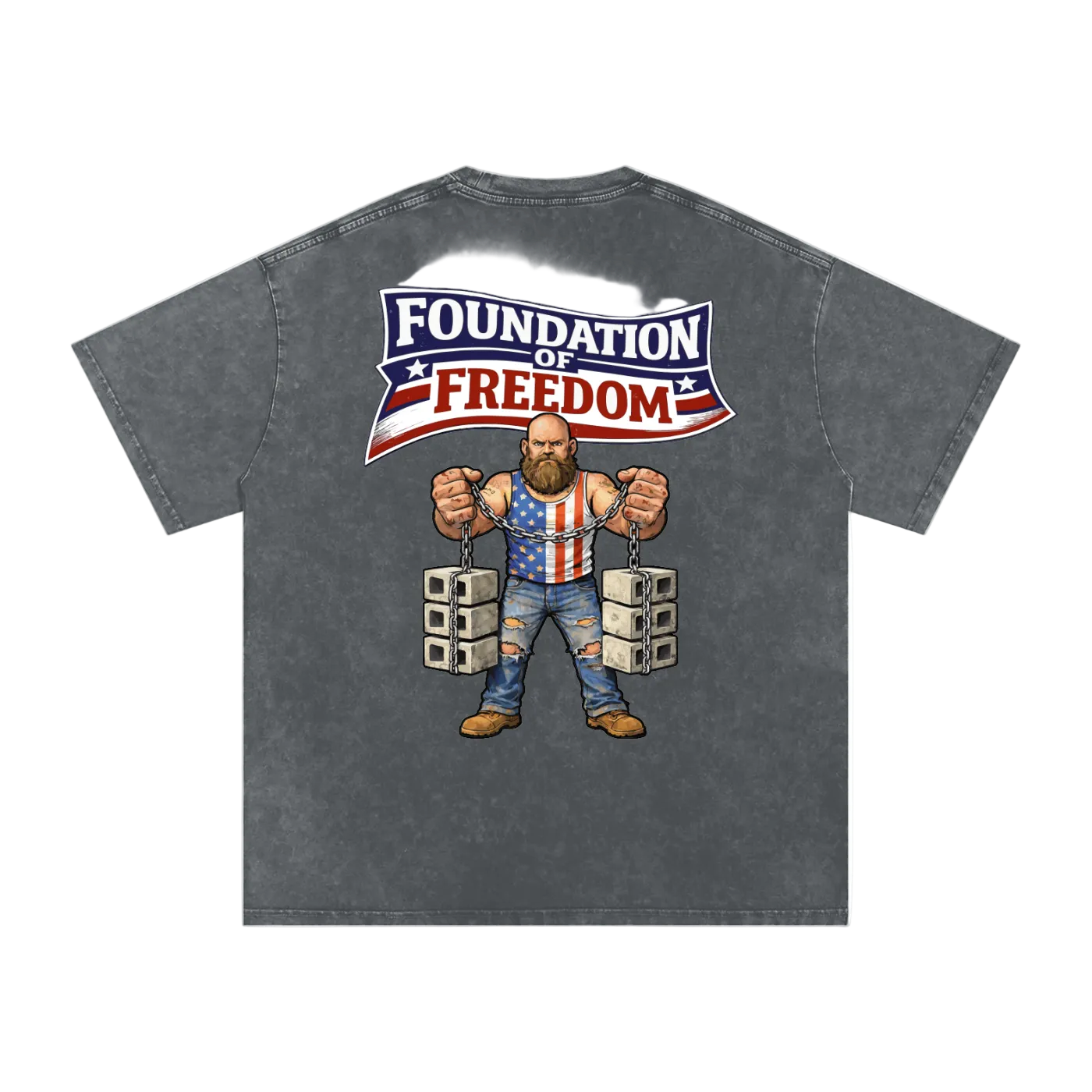 Gray t-shirt with a graphic design of a man lifting weights, 'Foundation of Freedom' text, and American flag on a white background.