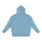 Light blue hoodie with text on sleeves against a white background