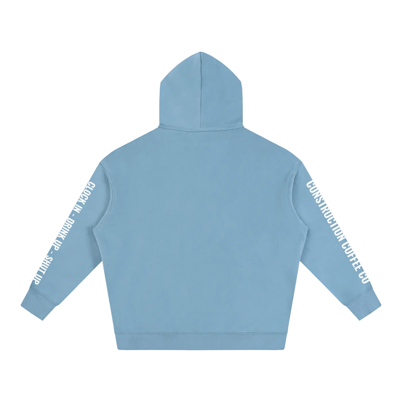 Light blue hoodie with text on sleeves against a white background