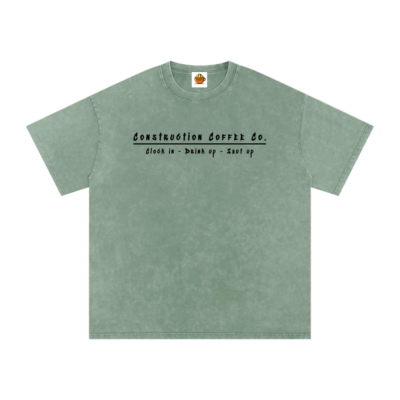 Green t-shirt with text on a white background