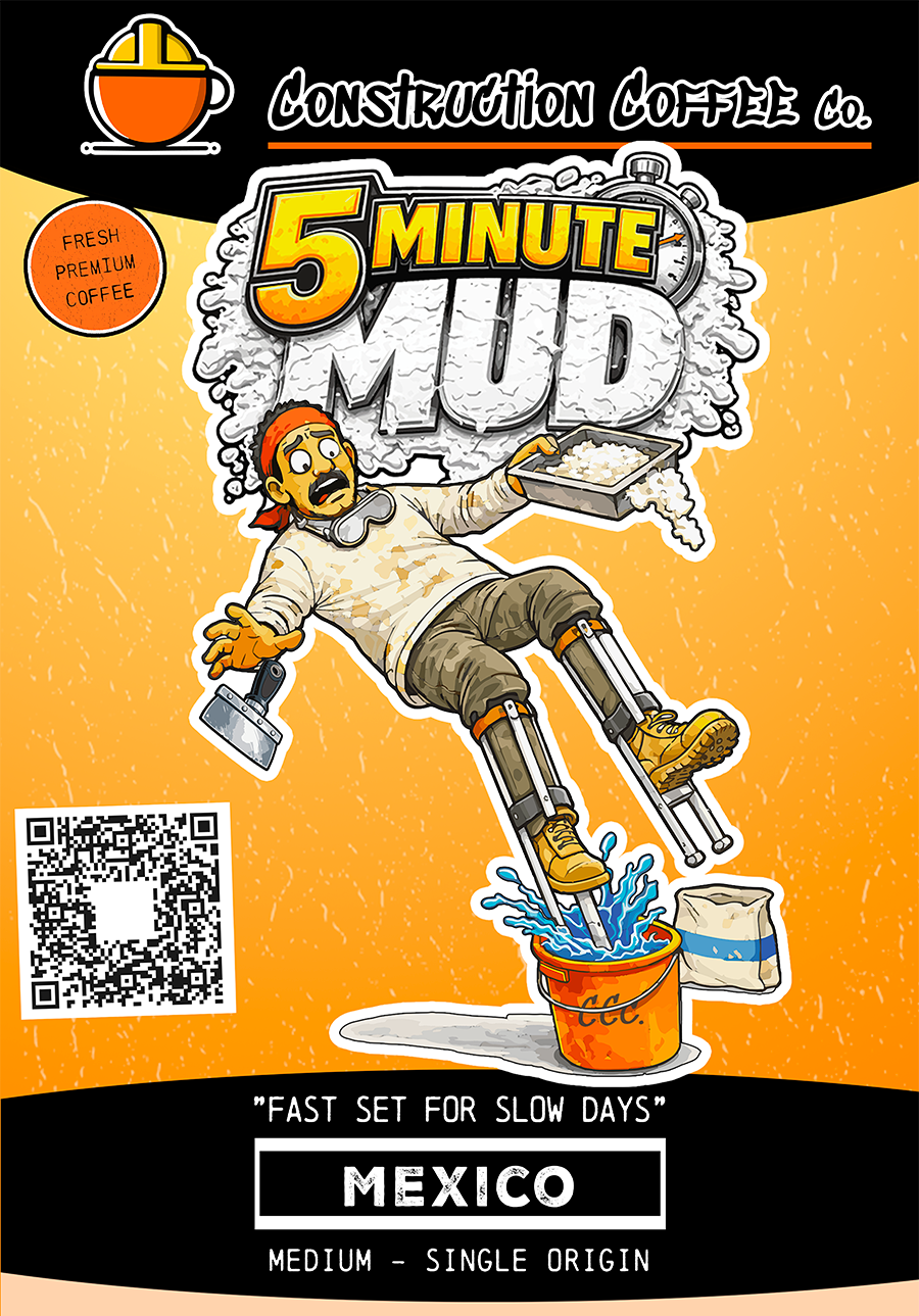 Coffee packaging with a cartoon character labeled '5 Minute Mud' on an orange background