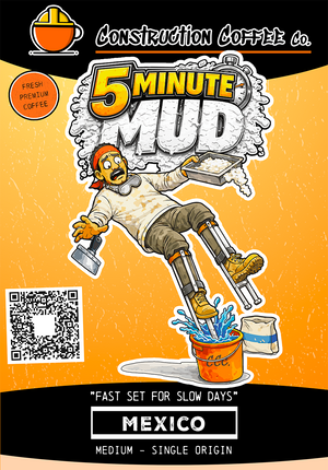 Coffee packaging with a cartoon character labeled '5 Minute Mud' on an orange background