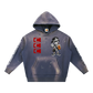 Gray hoodie with cartoon character and brand logo on a white background