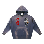 Gray hoodie with cartoon character and brand logo on a white background