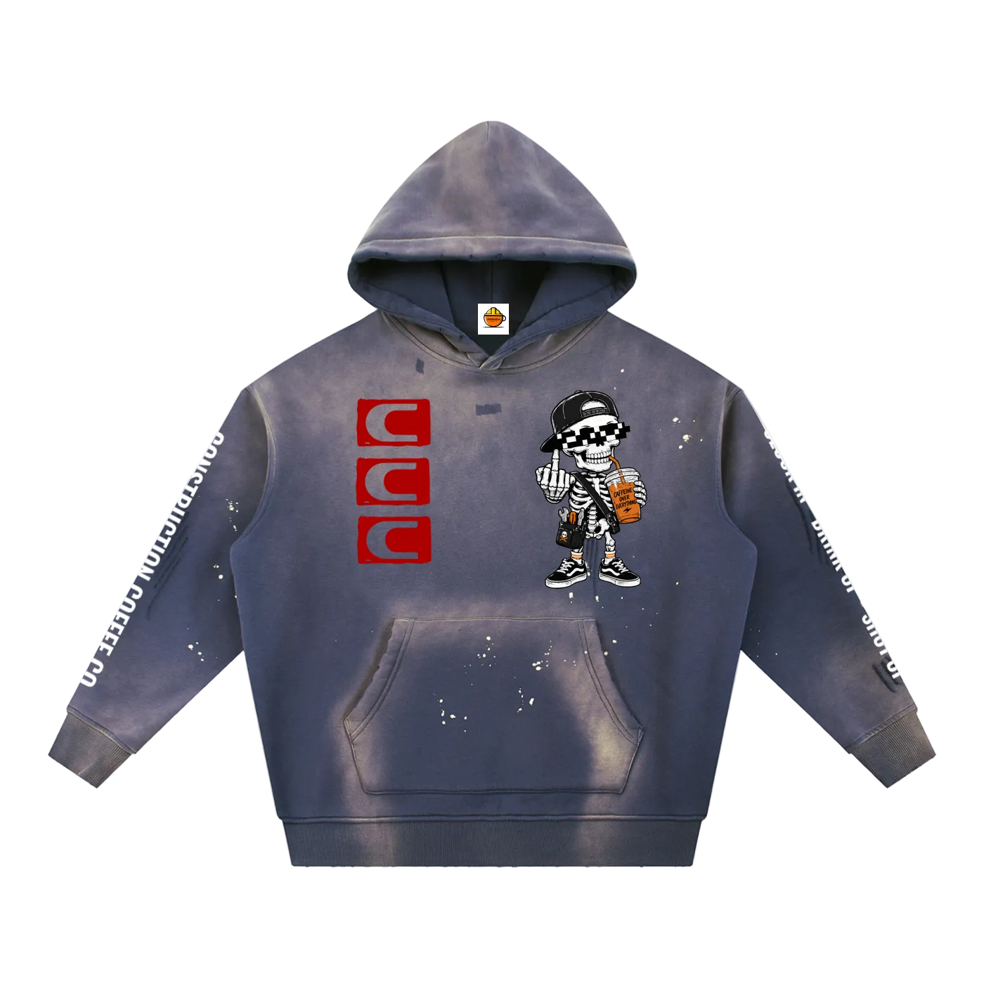 Gray hoodie with cartoon character and brand logo on a white background