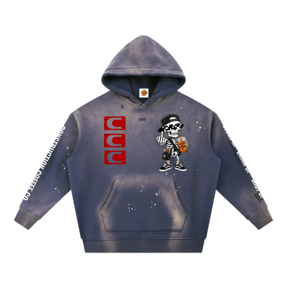 Gray hoodie with cartoon character and brand logo on a white background