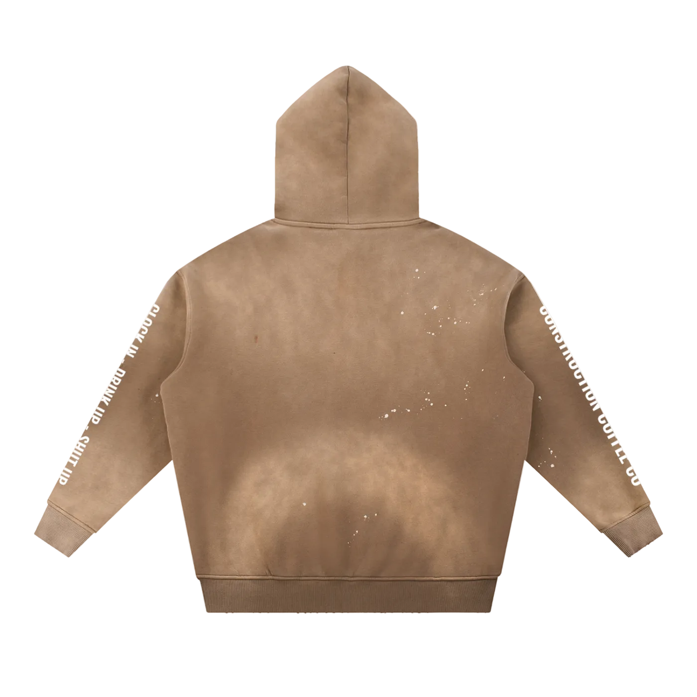 Brown hoodie with splatter paint design on a white background
