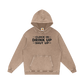 Brown hoodie with text 'Clock In Drink Up Shut Up' on a white background