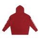 Red hoodie with white text on sleeves against a white background