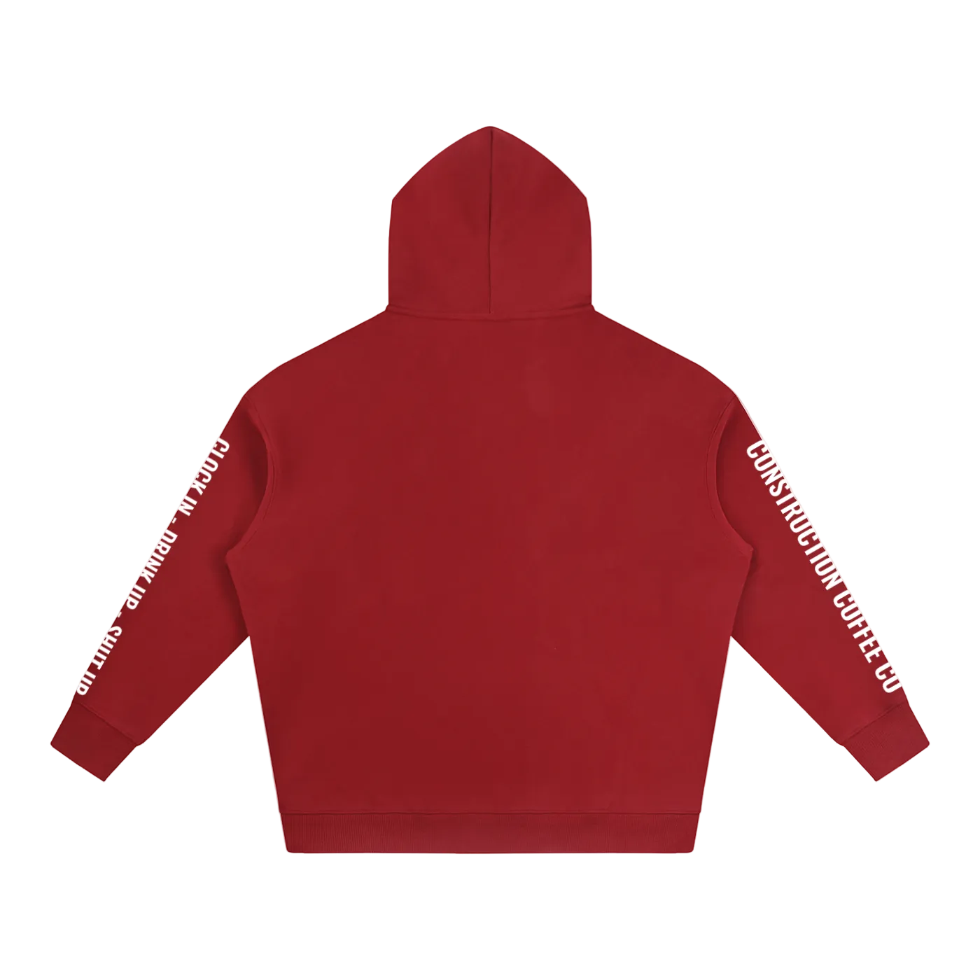 Red hoodie with white text on sleeves against a white background