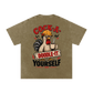 Khaki t-shirt with a rooster graphic and text on a white background