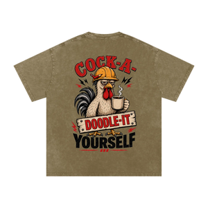 Khaki t-shirt with a rooster graphic and text on a white background
