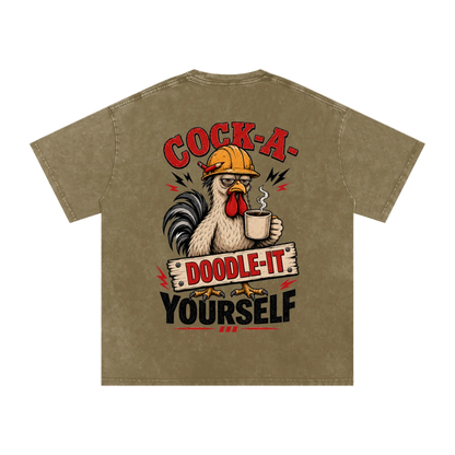 Khaki t-shirt with a rooster graphic and text on a white background
