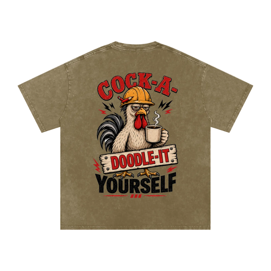 Khaki t-shirt with a rooster graphic and text on a white background