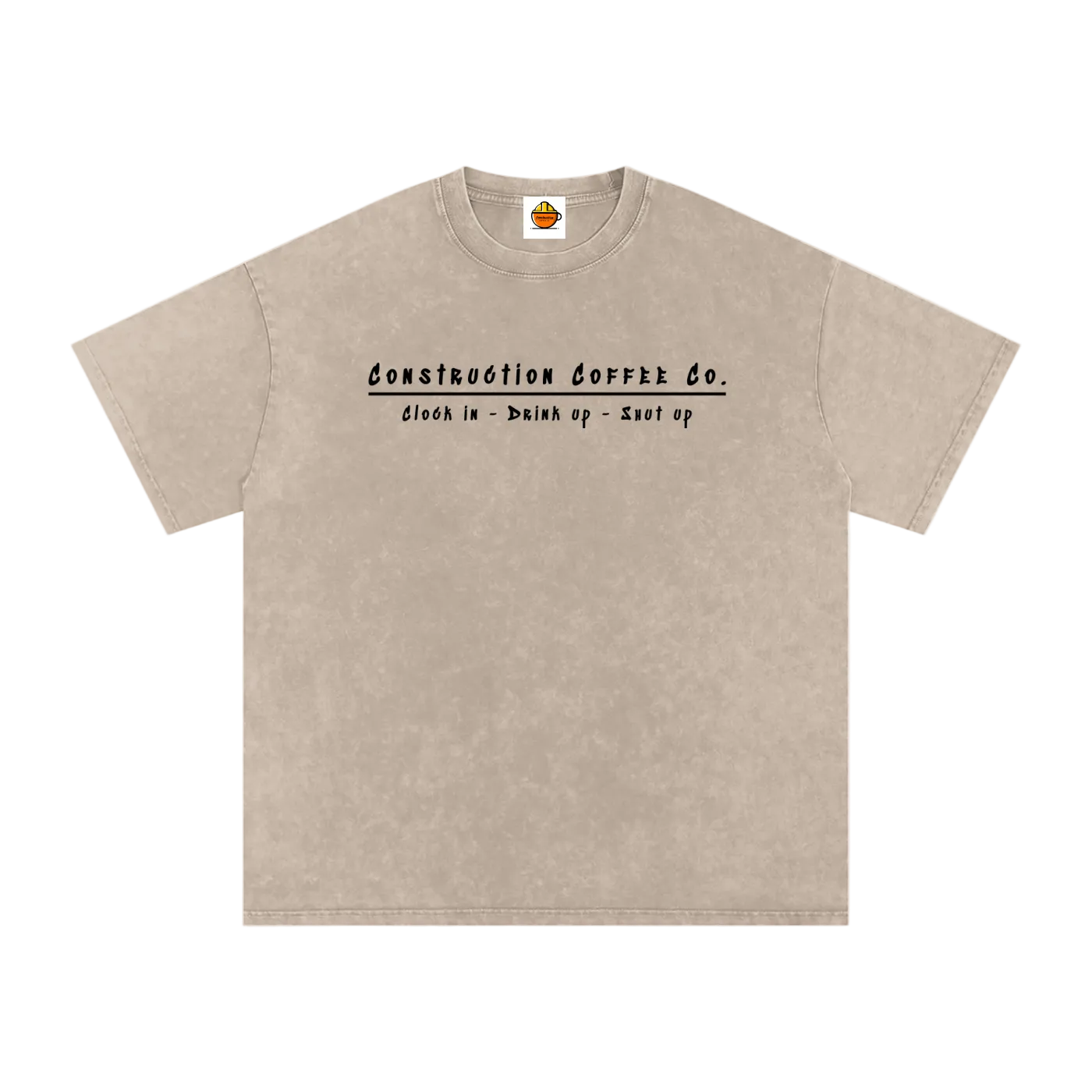 Beige t-shirt with black text on a white background