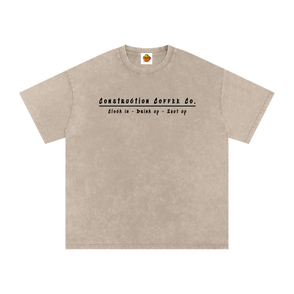 Beige t-shirt with black text on a white background