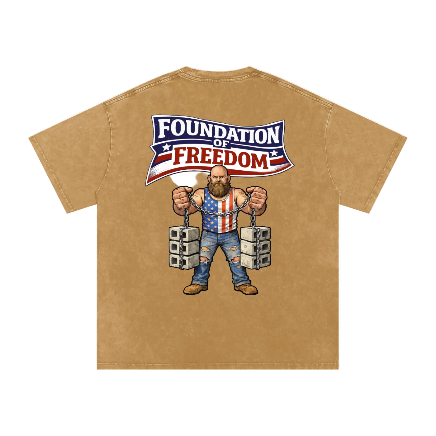Beige t-shirt with a graphic of a man in chains wearing an American flag shirt and 'Foundation of Freedom' text on a white background.