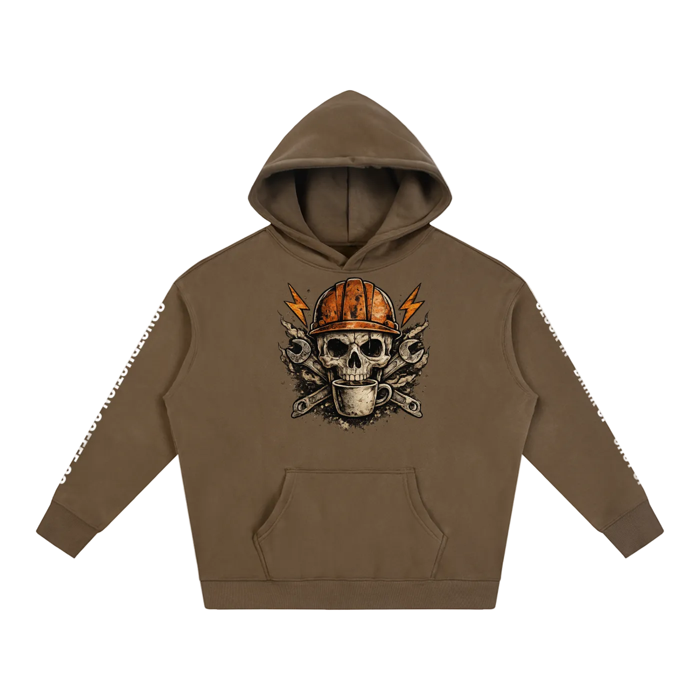 Brown hoodie with skull and hard hat graphic on a white background