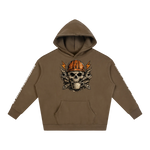 Brown hoodie with skull and hard hat graphic on a white background