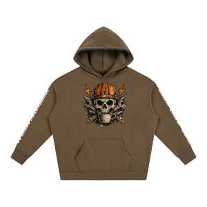 Brown hoodie with skull and hard hat graphic on a white background