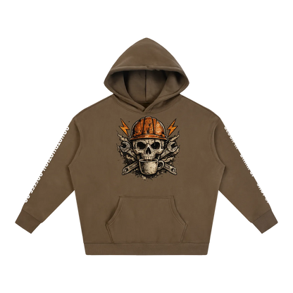 Brown hoodie with skull and hard hat graphic on a white background