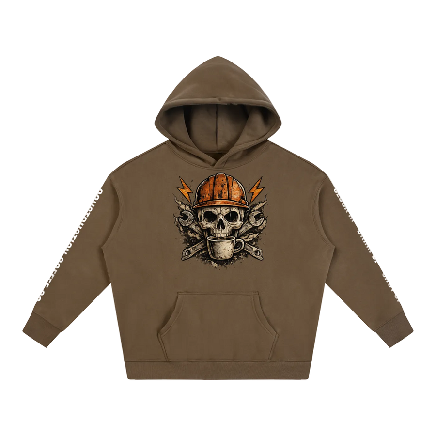 Brown hoodie with skull and hard hat graphic on a white background