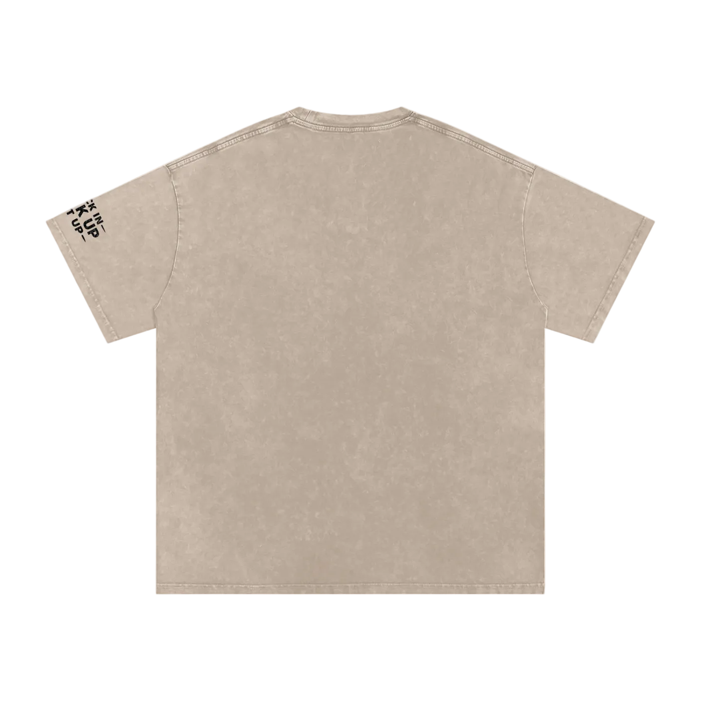 Beige t-shirt with small black logo on sleeve against a white background