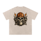 Beige t-shirt with a skull wearing a hard hat and holding a coffee cup design on a white background