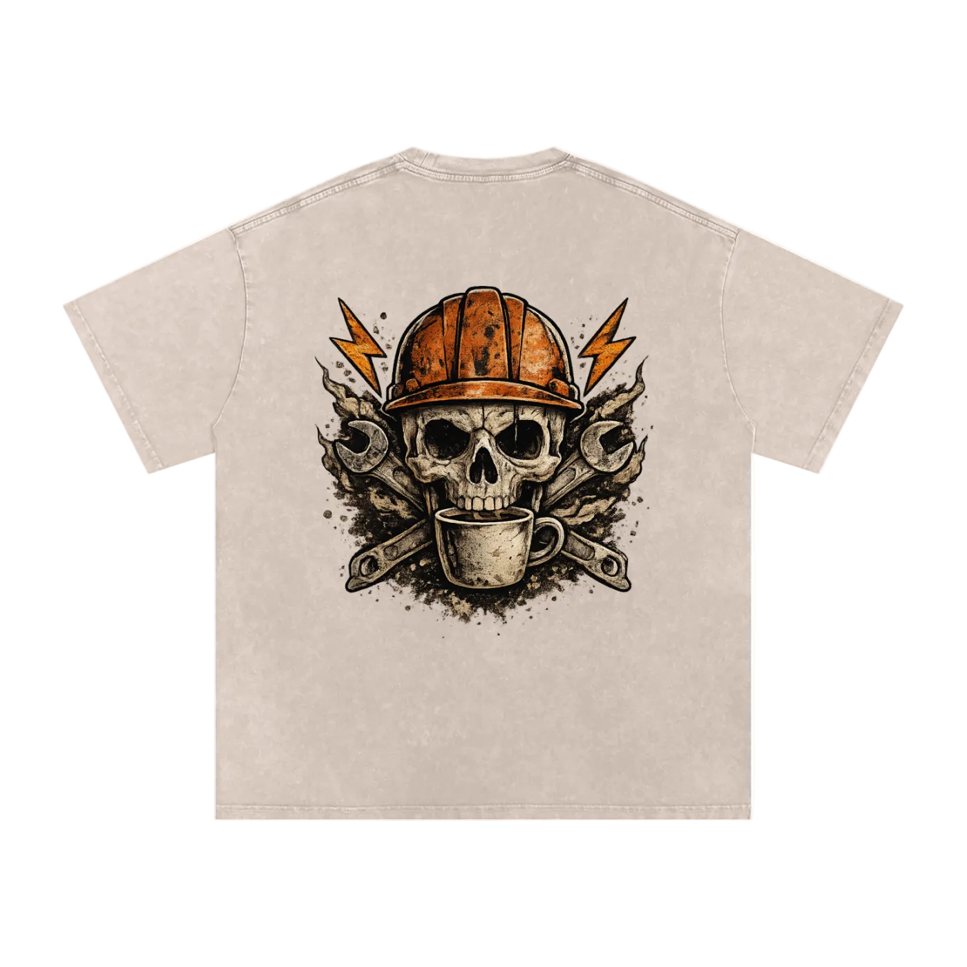 Beige t-shirt with a skull wearing a hard hat and holding a coffee cup design on a white background