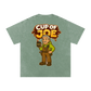 Green t-shirt with 'Cup of Joe' graphic on a white background
