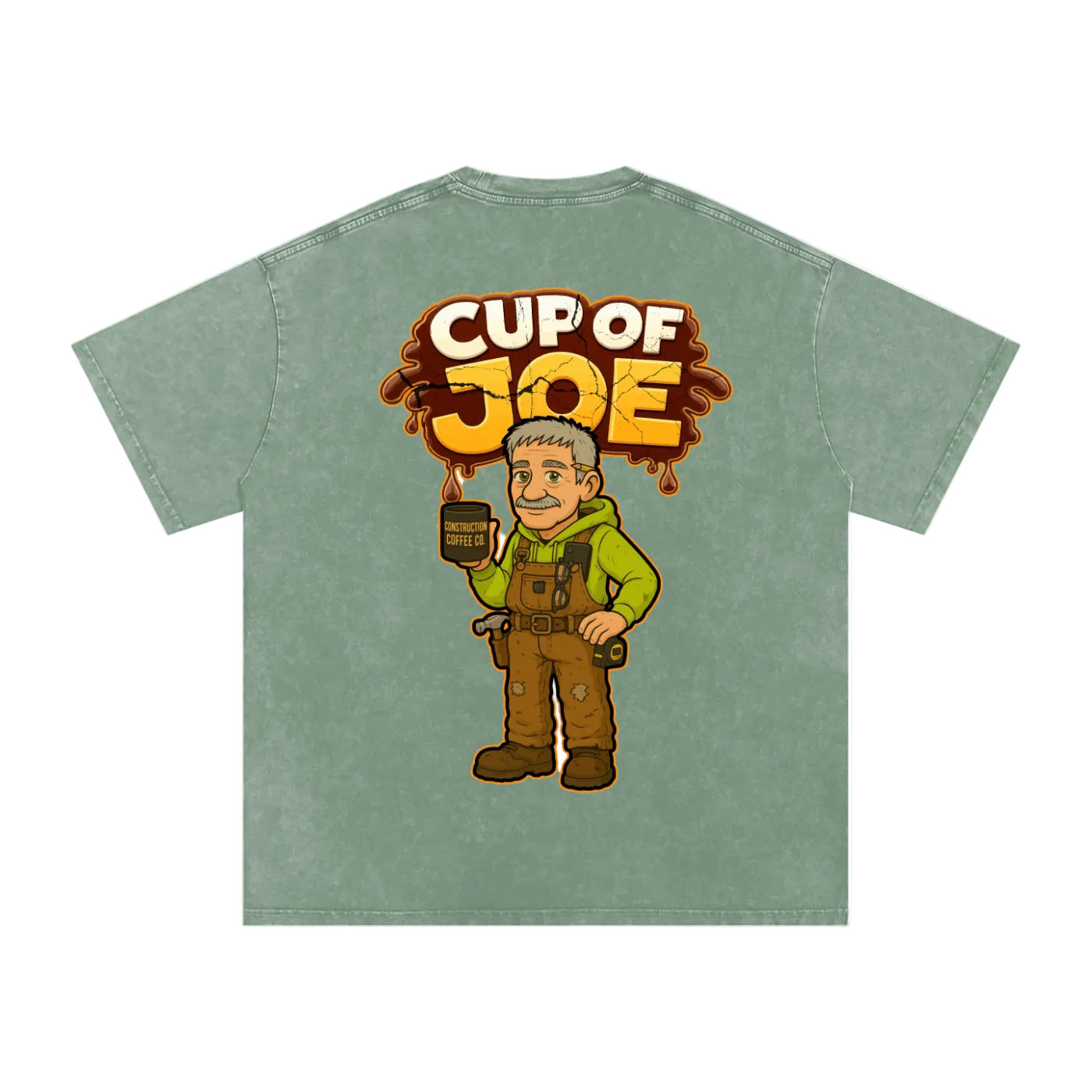 Green t-shirt with 'Cup of Joe' graphic on a white background