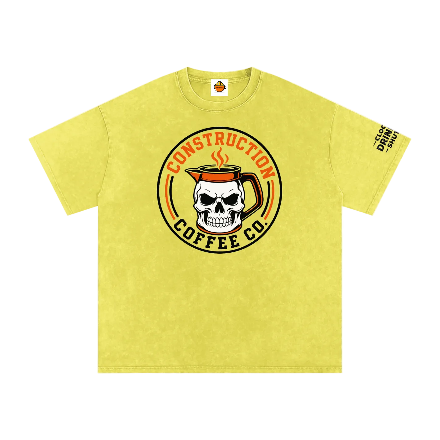 Yellow t-shirt with skull and coffee mug design on a white background