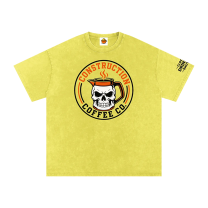 Yellow t-shirt with skull and coffee mug design on a white background