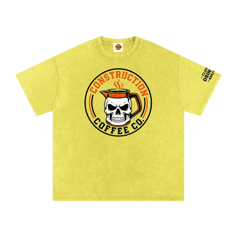 Yellow t-shirt with skull and coffee mug design on a white background