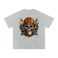 Gray t-shirt with a skull wearing a hard hat and holding a coffee cup design on a white background