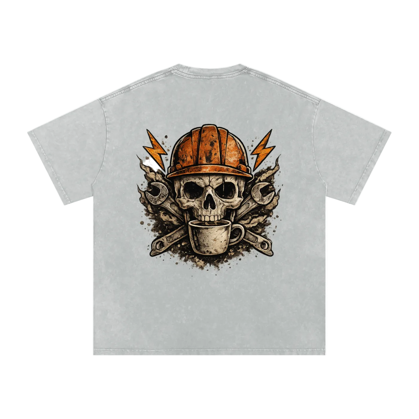 Gray t-shirt with a skull wearing a hard hat and holding a coffee cup design on a white background