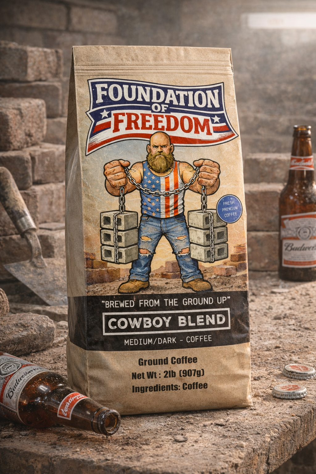 Coffee bag labeled 'Foundation of Freedom Cowboy Blend' with a graphic of a man lifting weights, placed on a rustic surface with beer bottles.