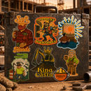 Vintage tool box with construction-themed stickers in an industrial setting