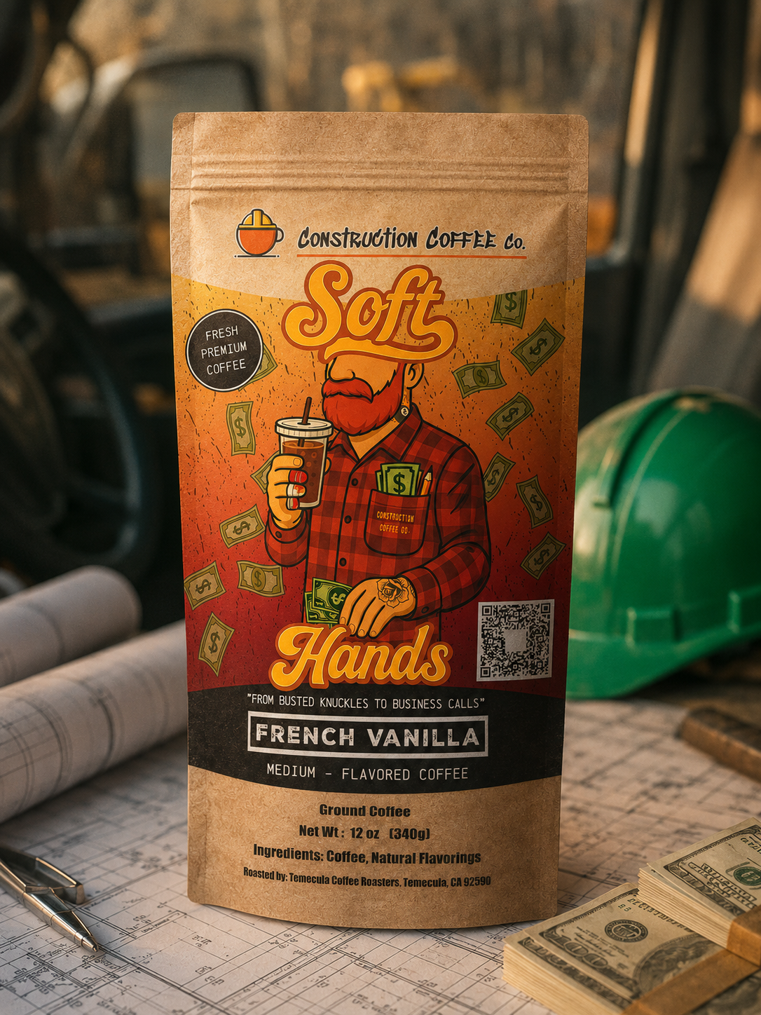 Coffee package with a person holding a coffee cup on a table with money and a hard hat.