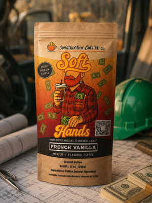 Coffee package with a person holding a coffee cup on a table with money and a hard hat.