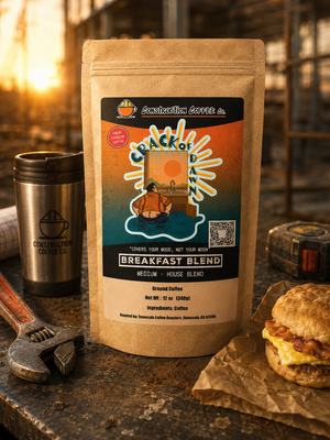 Coffee package with a sunset design on a rustic background with a coffee cup and sandwich.