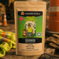 Coffee package with a child graphic on a construction-themed background