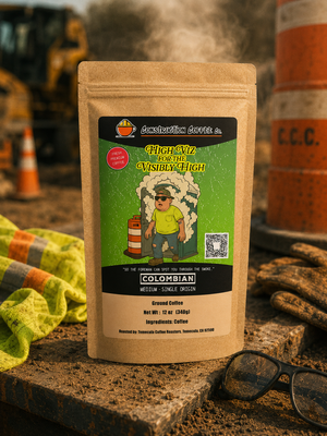 Coffee package with a child graphic on a construction-themed background