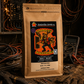 Coffee bag with a colorful label on a rustic background