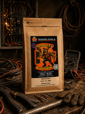Coffee bag with a colorful label on a rustic background
