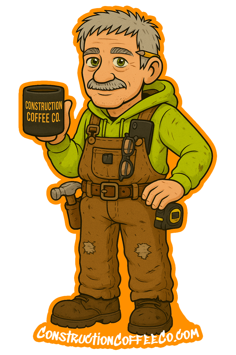 Illustration of a construction worker holding a coffee mug with 'Construction Coffee Co.' text, wearing overalls and holding tools.