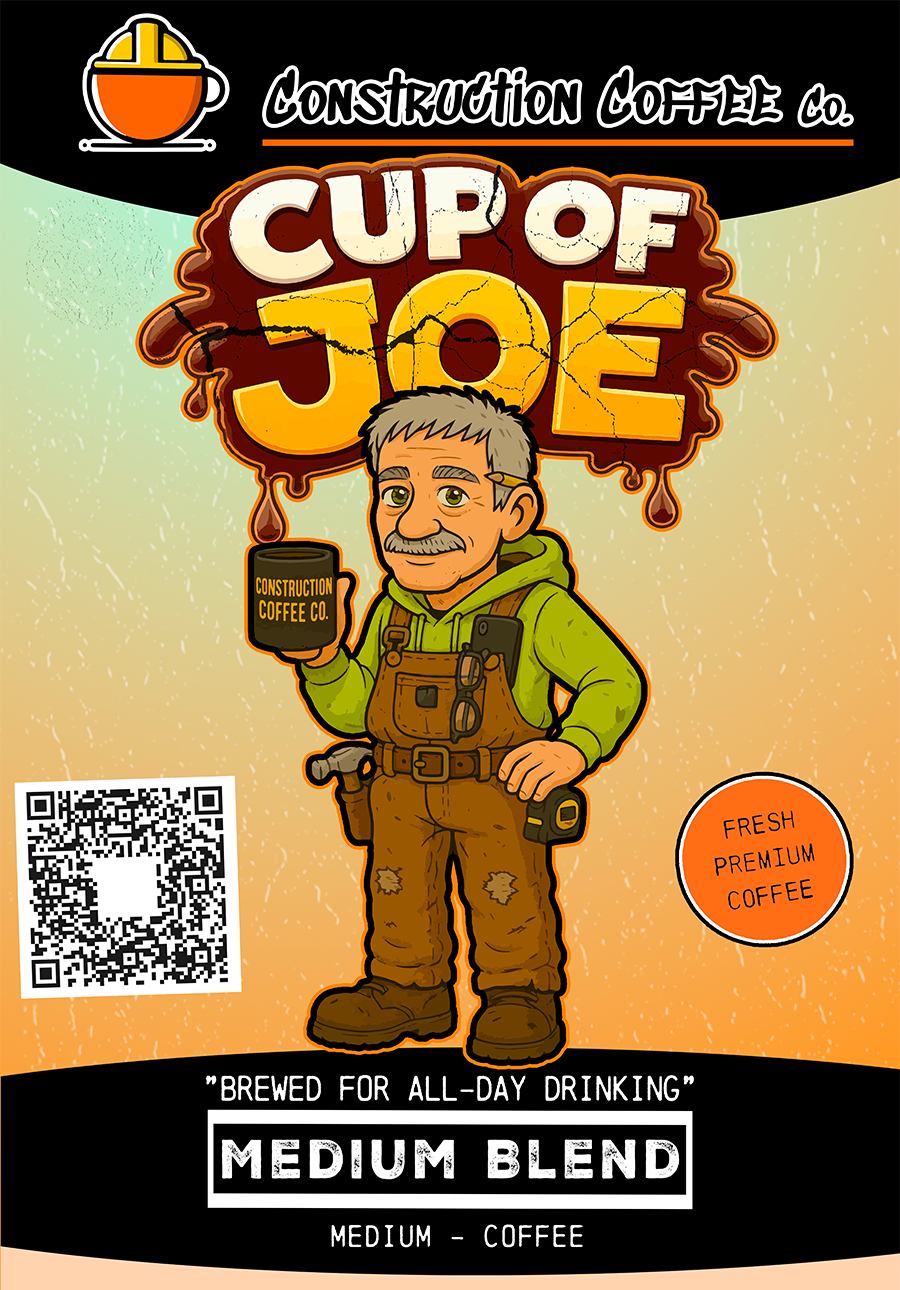 Cartoon character holding a coffee bag with 'Cup of Joe' branding on a label.