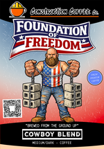 Coffee package labeled 'Foundation of Freedom Cowboy Blend' with a cartoon character holding chains.